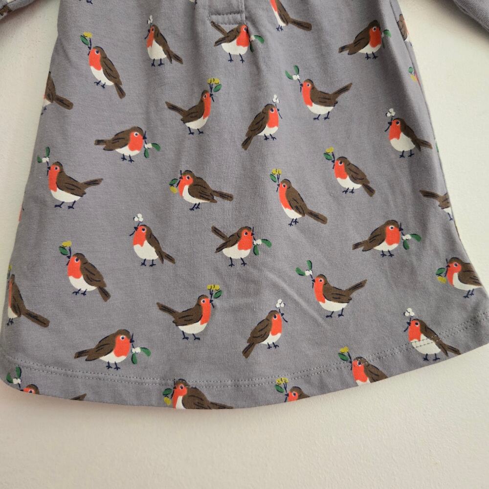 Baby Boden Girl Robin Bird Print Dress Long Sleeve Cotton Fall Gray 3-6 Months - Picture 4 of 10